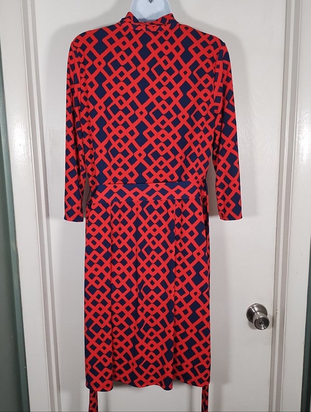 Liz Claiborne Dress Women's L Coral Blue Geometric Print Belted Faux Wrap - Picture 11 of 12